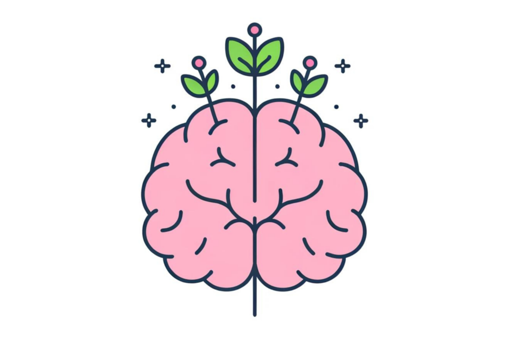 An illustration of a brain with plants growing out of it representing a growth mindset