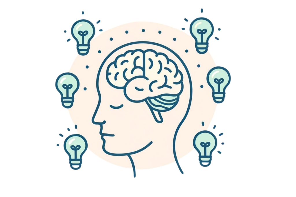Line-drawn illustration representing mindset. It features a head with a brain inside, surrounded by lightbulbs to symbolize ideas and thoughts