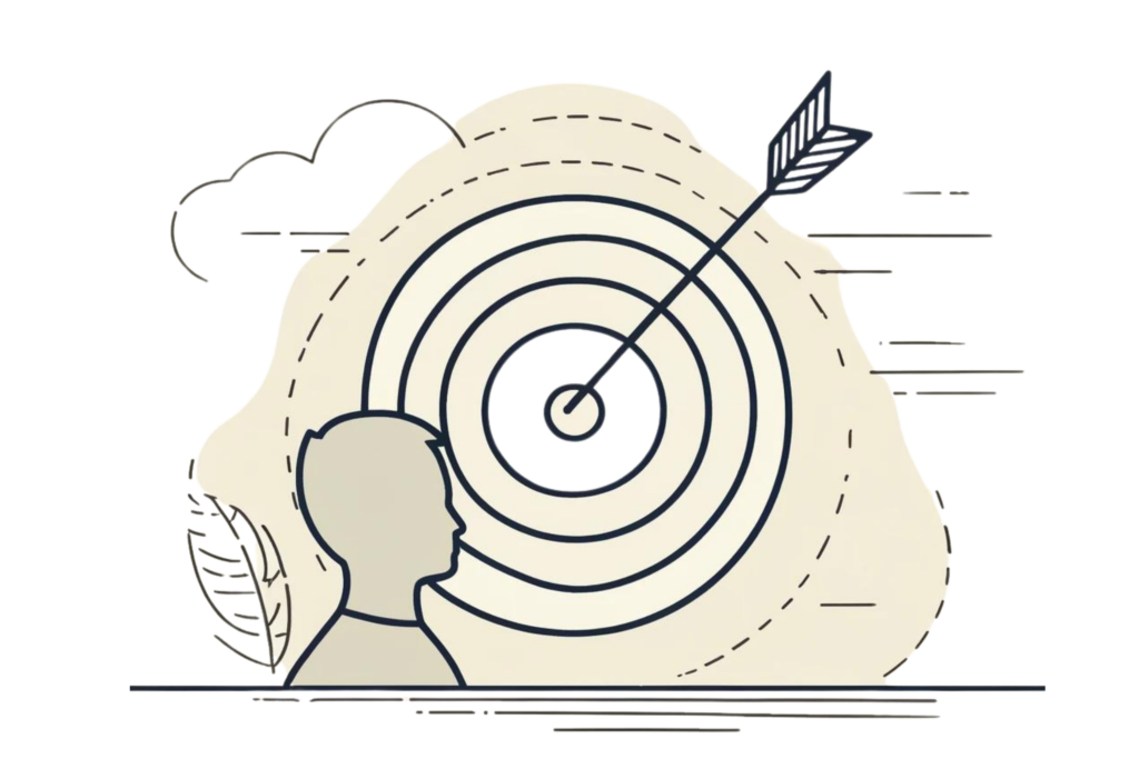 Line-drawn illustration representing setting clear goals. It features a target with an arrow hitting the center, symbolising setting clear goals and goal achievement, with a determined person next to the target. 