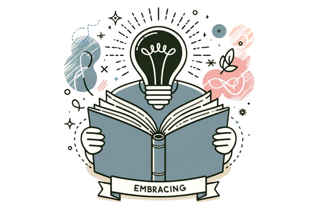 Illustration representing mindset and embracing learning. It features a person reading a book with a glowing lightbulb above their head to symbolise new ideas and understanding, along with abstract colourful elements around the lightbulb to signify creativity and inspiration.