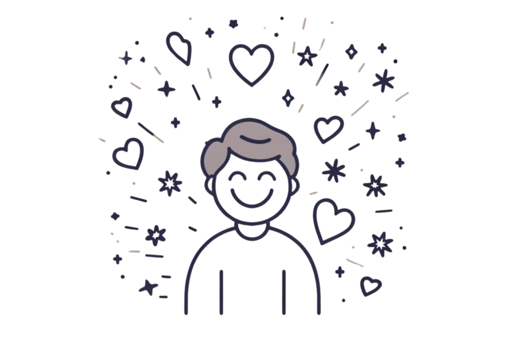 Illustration representing positivity and mindset. It features a person with a big smile, surrounded by floating hearts and stars to symbolise happiness and positive energy. 