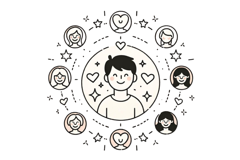 Illustration representing being surrounded by positive influences and a positive mindset. It features a person in the centre with a smile, surrounded by several other people with happy expressions and positive symbols like hearts and stars around them.