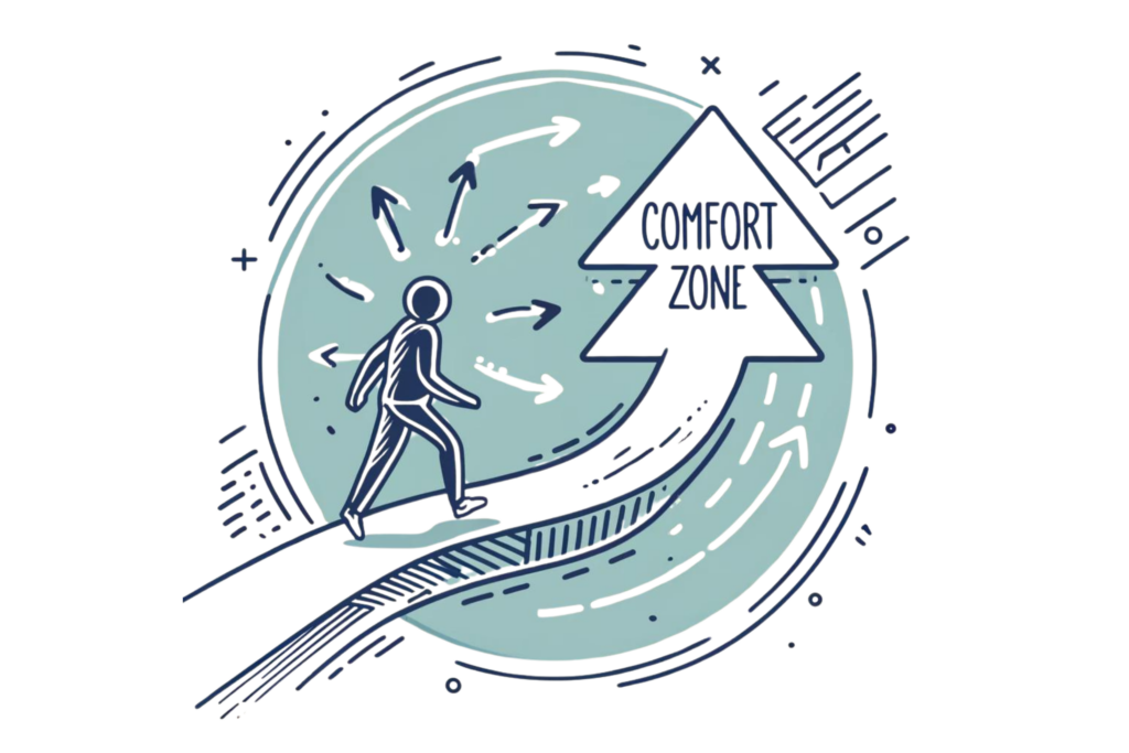 Illustration representing challenging your comfort zone and developing a growth mindset. It features a person standing at the edge of a circle labelled 'Comfort Zone' with one foot stepping outside of it