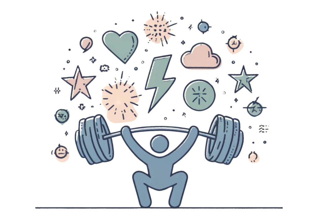 Illustration representing developing resilience and a strong mindset. It features a person lifting a heavy weight, with symbols like stars and lightning bolts around them to represent strength and determination.