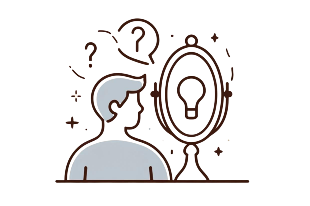 Illustration representing self-reflection and a reflective mindset. It features a person looking into a mirror with a thoughtful expression, surrounded by symbols like question marks and lightbulbs to represent contemplation and insights