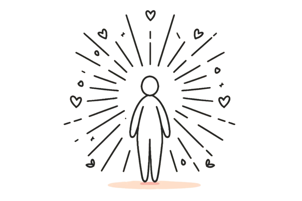 Illustration representing affirmations and a positive mindset. It features a person standing confidently with rays of light and small hearts around them to symbolise positivity and self-love. 