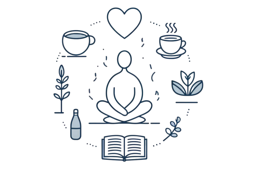 Illustration representing self-care and a healthy mindset. It features a person sitting in a relaxed pose, surrounded by symbols like a heart, a book, a cup of tea, and a plant to represent different aspects of self-care.