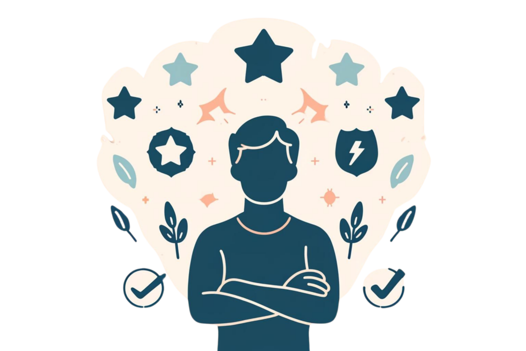 Simple illustration representing motivation. The image features a person with a determined expression, surrounded by motivational symbols like stars, lightning bolts, and arrows.
