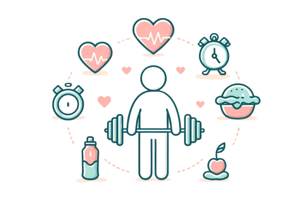 Simple illustration representing health and fitness goals to boost motivation. The image features a person lifting weights with symbols like a heart, a stopwatch, and a healthy meal around them.