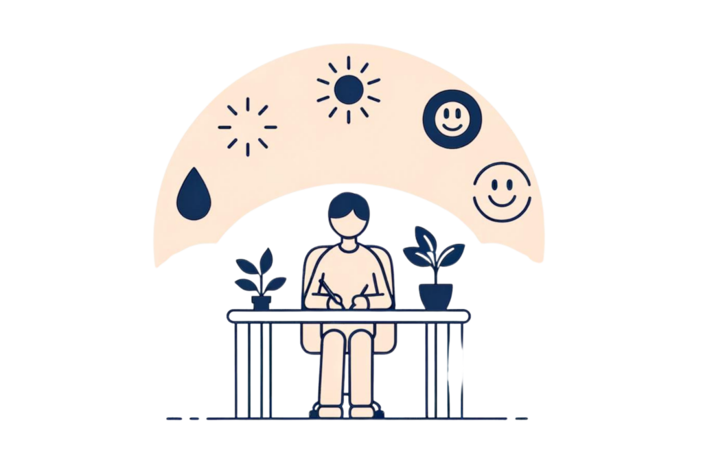Simple illustration representing a positive environment to boost motivation. The image features a person sitting at a clean and organised desk with motivational symbols like a plant, a sun, and a smiley face around them.