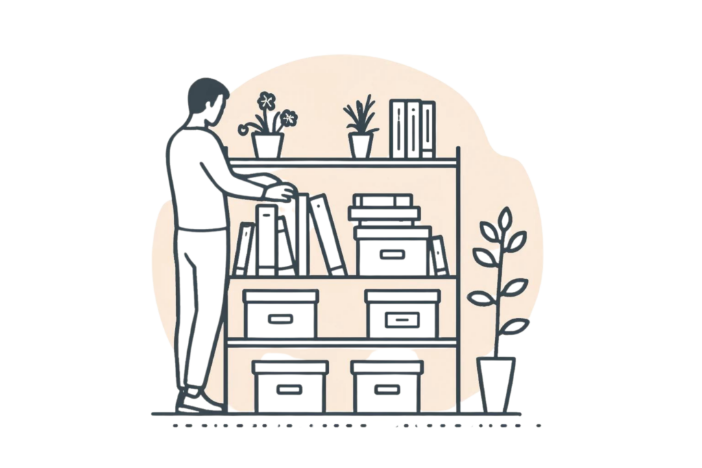 line-drawn illustration representing organising your space to boost motivation. The image features a person arranging items on a shelf with neatly labelled boxes, books, and plants. 