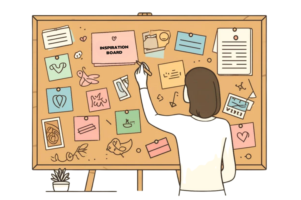 Simple, line-drawn illustration representing an inspiration board to boost motivation. The image features a person placing colourful notes, photos, and motivational quotes on a corkboard. 