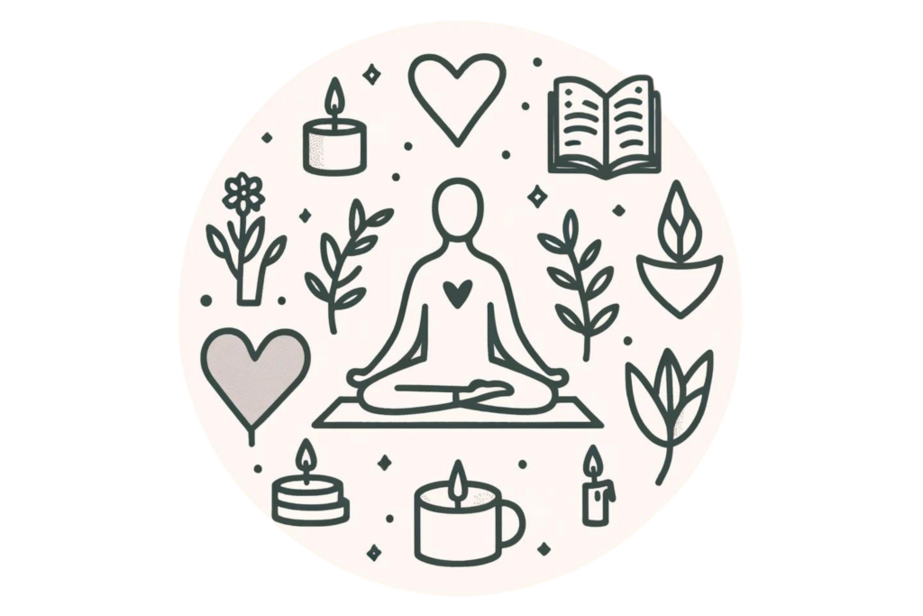 Simple, line-drawn illustration representing self-care to boost motivation. The image features a person practicing yoga with symbols like a heart, a book, a candle, and a plant around them.