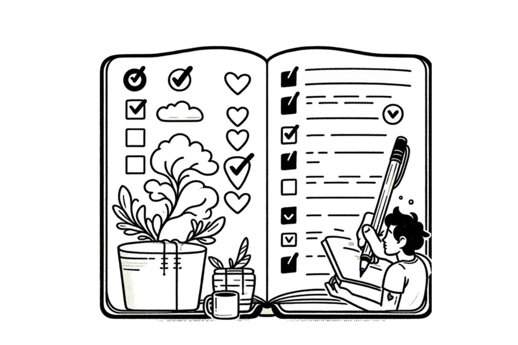 A person creating a self-care checklist in a bullet journal, symbolising Mental health bullet journal ideas
