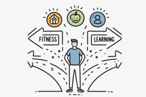 A simple, line-drawn illustration with a little bit of colour showing a person standing at a crossroads, looking confident and happy, with different positive paths ahead labelled with icons representing different life changes like fitness, learning, and relationships. This image represents ways to positively change your life.