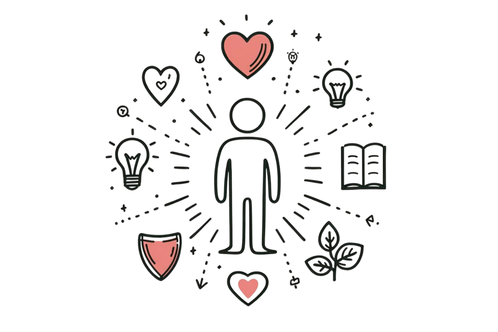 A simple, line-drawn illustration with a little bit of colour showing a person surrounded by positive icons such as a heart, a lightbulb, and a book, representing various ways to positively change your life.