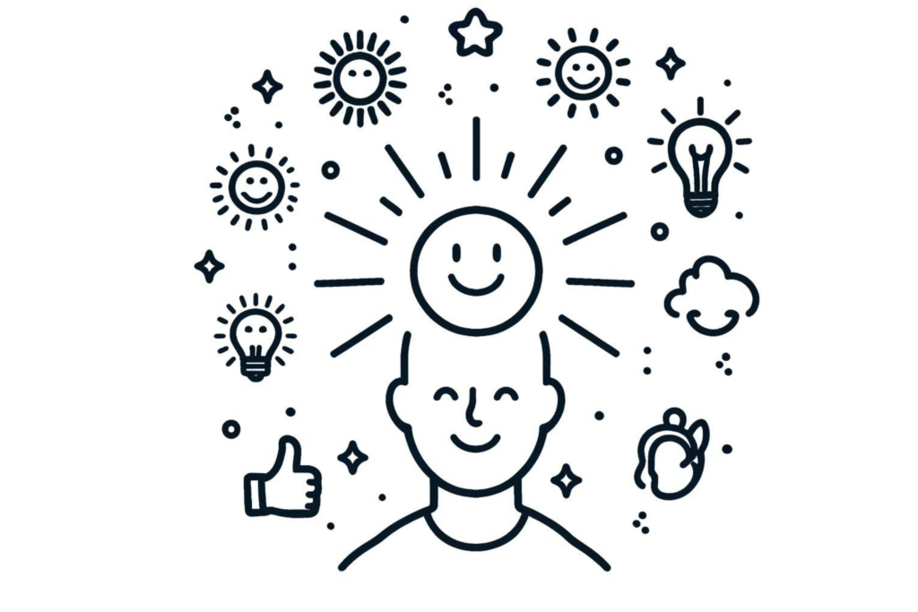 A simple, line-drawn illustration with a little bit of colour showing a person with a bright, glowing head surrounded by positive icons like a sun, a smiley face, and a thumbs up, representing cultivating a positive mindset. This image highlights ways to positively change your life.