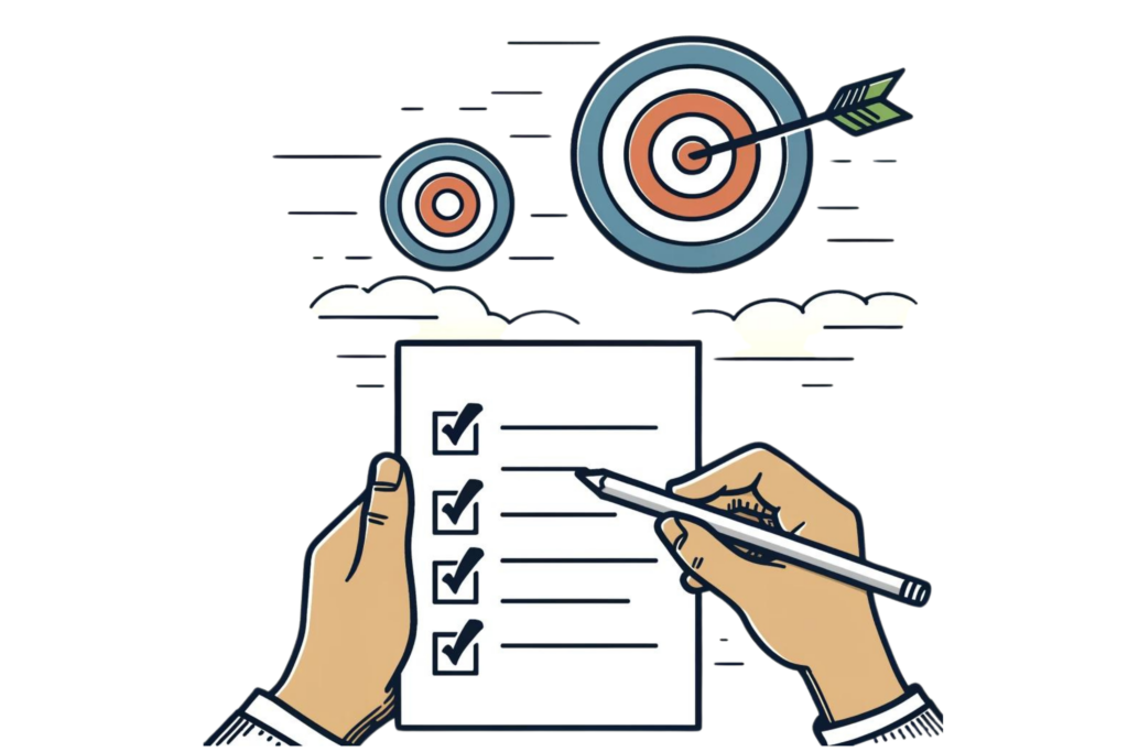 A simple, line-drawn illustration with a little bit of colour showing a person holding a checklist with targets and arrows pointing towards them, representing setting clear goals. This image highlights ways to positively change your life.