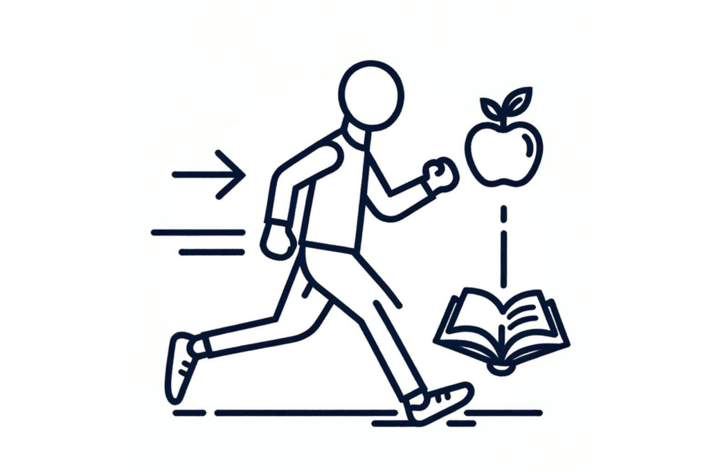 A simple, line-drawn illustration with a little bit of colour showing a person jogging, holding an apple, and a book, representing developing healthy habits. This image highlights ways to positively change your life.