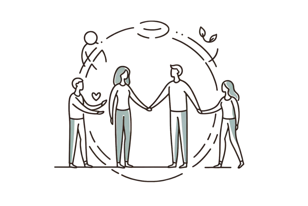 A simple, line-drawn illustration with a little bit of colour showing people holding hands, having a conversation, and smiling, representing fostering strong relationships. This image highlights ways to positively change your life.