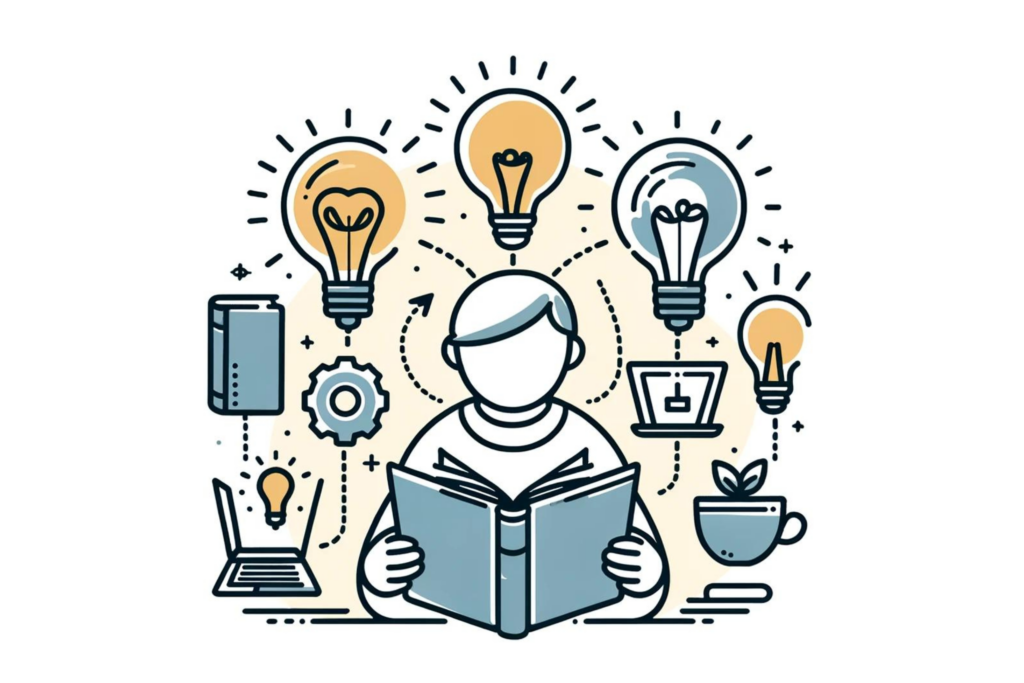 A simple, line-drawn illustration with a little bit of colour showing a person reading a book, using a laptop, and lightbulbs around them, representing embracing continuous learning.