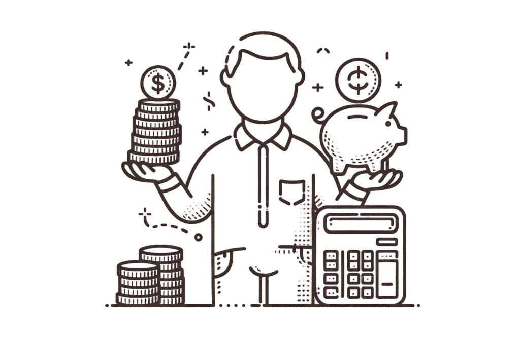 A simple, line-drawn illustration with a little bit of colour showing a person holding a piggy bank, a calculator, and a stack of coins, representing managing finances wisely.