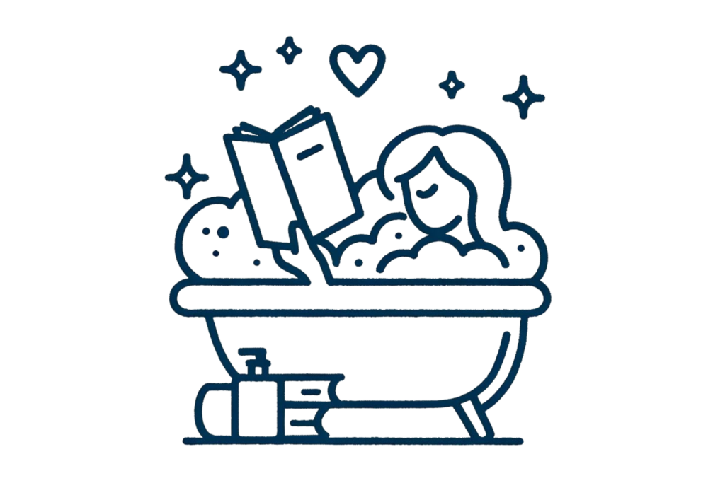 A simple, line-drawn illustration with a little bit of colour showing a person relaxing in a bubble bath, holding a book, and a heart symbol nearby, representing prioritizing self-care. This image highlights ways to positively change your life.