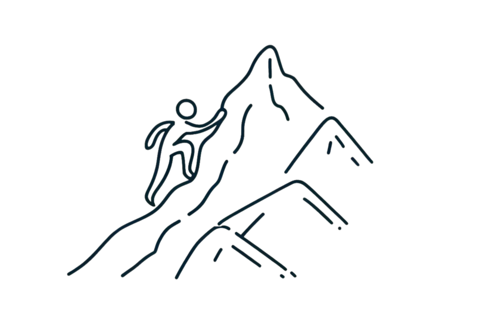 A simple, line-drawn illustration with a little bit of colour showing a person climbing a mountain with a determined expression, representing taking risks and stepping out of their comfort zone. This image highlights ways to positively change your life.