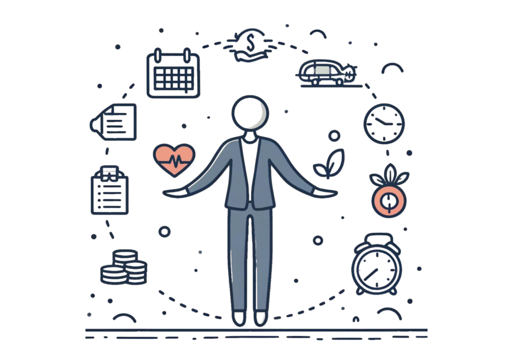 Line-drawn illustration of a person balancing multiple tasks like work, family, and health with icons representing stressors like a calendar, money, and a heart, symbolising how to manage stress and build resilience.