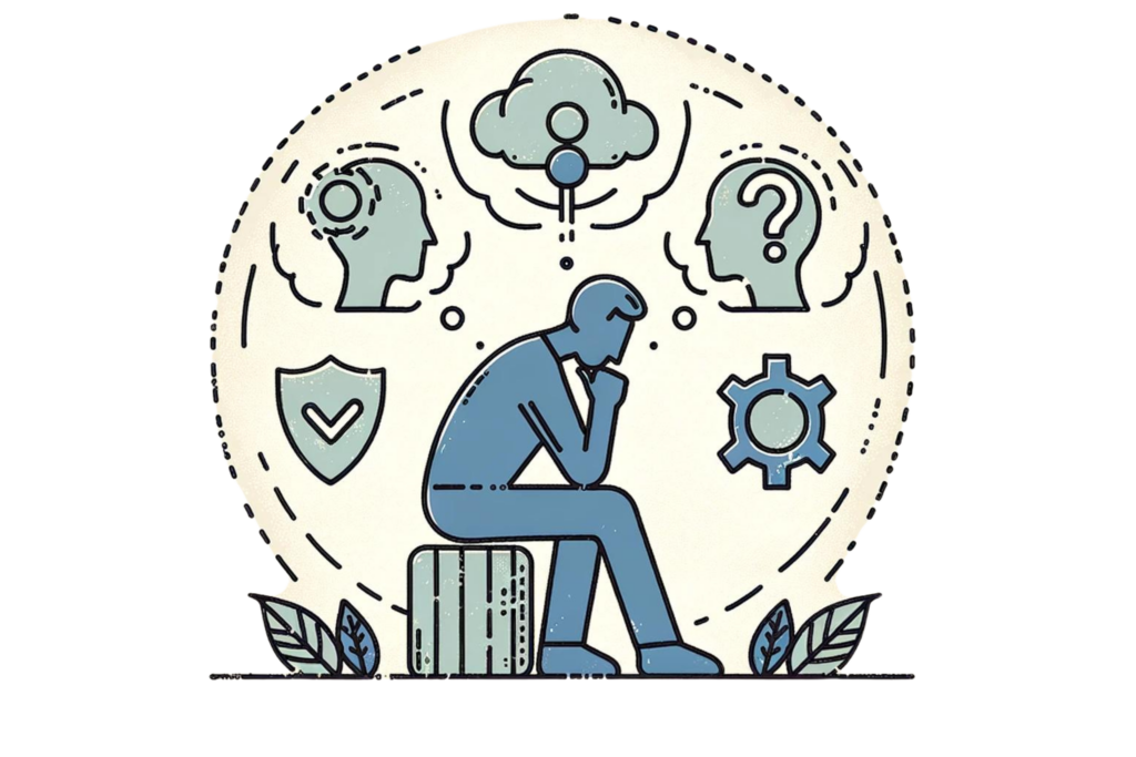 Line-drawn illustration with a bit of colour showing a person thinking with icons representing societal pressure and psychological impact, explaining why we care what people think.