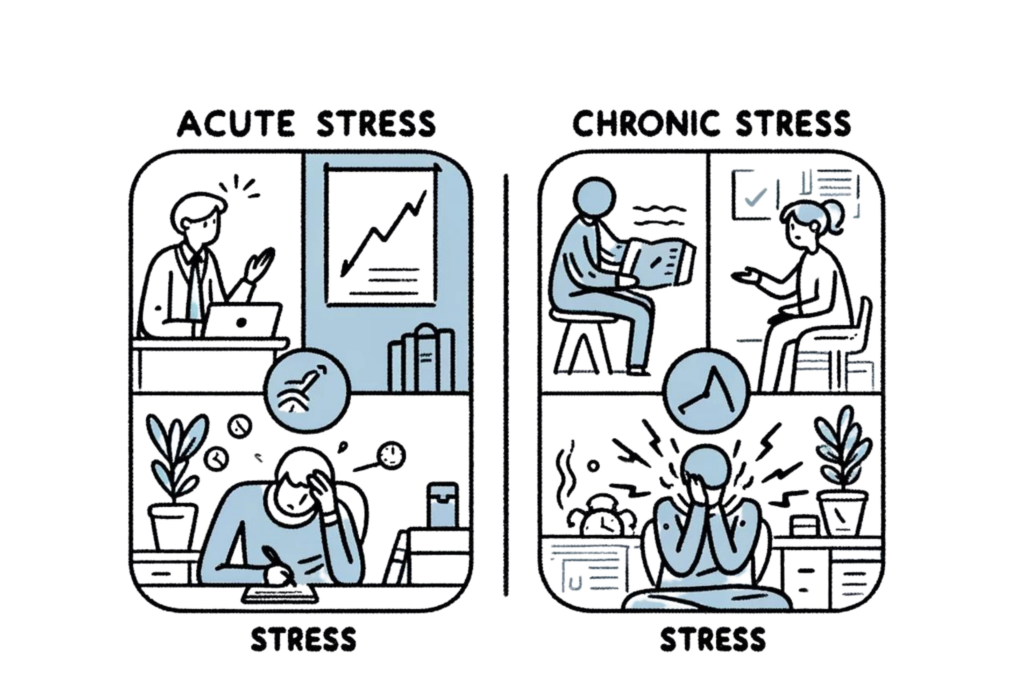 Line-drawn illustration showing two sections labelled 'Acute Stress' and 'Chronic Stress,' depicting a person experiencing brief stress like a presentation and ongoing stress like financial worries to manage stress and build resilience.