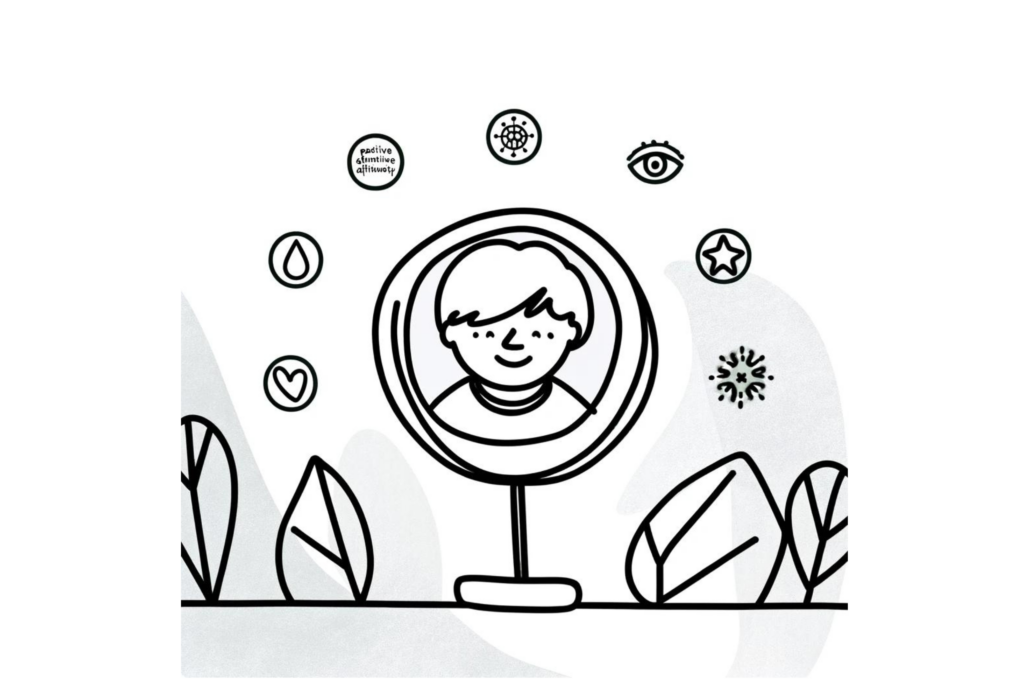 Line-drawn illustration with a bit of colour showing a person looking in a mirror and smiling, with icons of positive affirmations and self-care activities, illustrating the importance of self-acceptance.