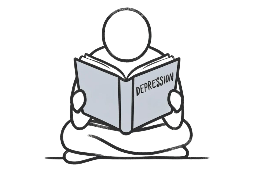 Illustration of a person reading a book about depression, symbolisng self-education on how to help someone with depression.