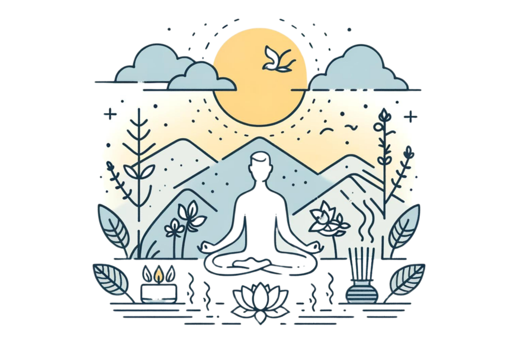 Line-drawn illustration of a person in a meditative pose surrounded by calming elements like a lotus flower, incense, and a serene landscape, symbolising mindfulness and meditation to manage stress and build resilience.