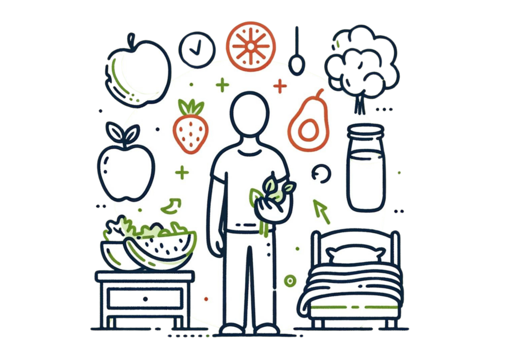 Line-drawn illustration of a person making healthy lifestyle choices like eating a balanced diet, getting quality sleep, and staying hydrated with icons of fruits, vegetables, a bed, and a water bottle to manage stress and build resilience.