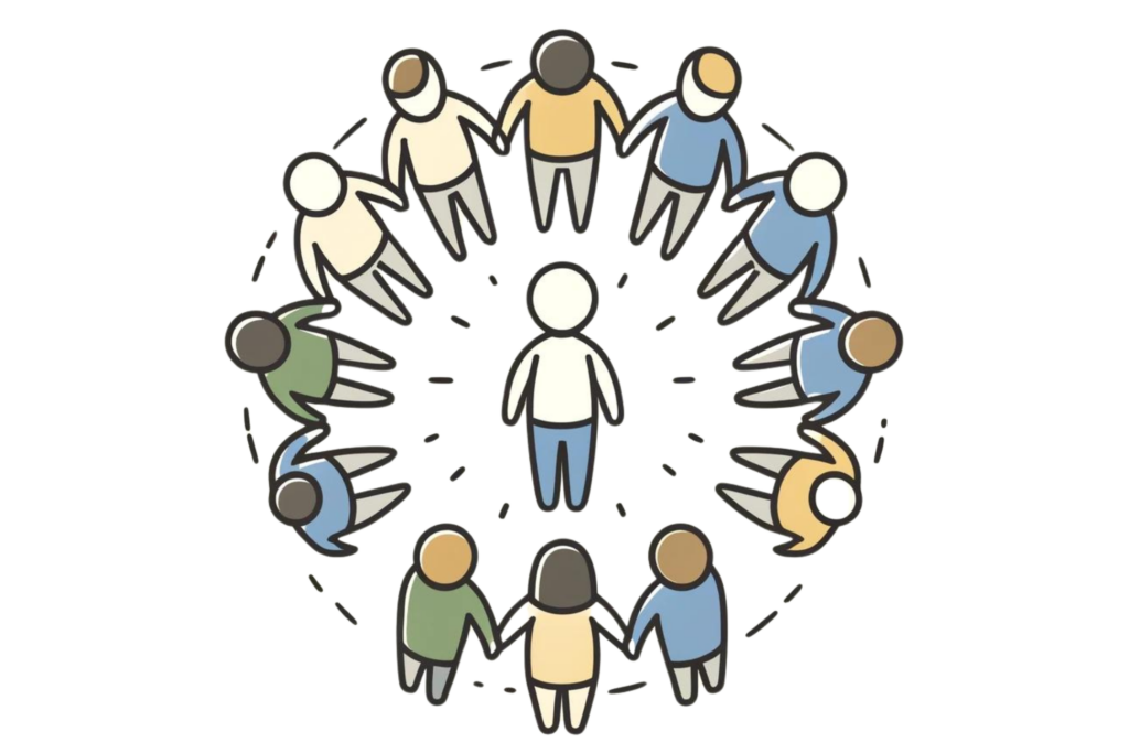 Line-drawn illustration with a bit of colour showing a person surrounded by a group of supportive friends, representing surrounding yourself with positive influences, which is important for learning how to stop caring what people think