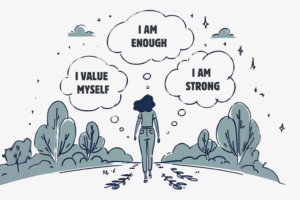 A simple, line-drawn illustration with a little bit of colour showing a person confidently walking on a path, with various thought bubbles around them filled with positive affirmations like 'I am enough,' 'I value myself,' and 'I am strong,' representing how to stop caring what people think.