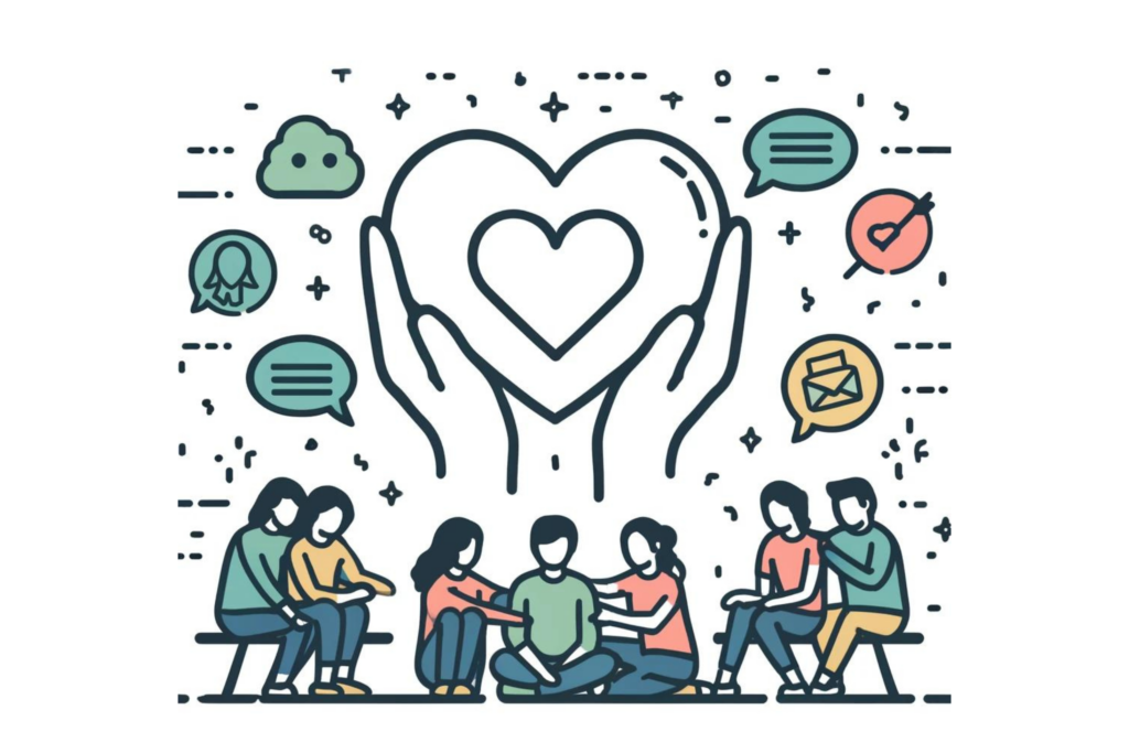 Line-drawn illustration of a group of people supporting each other through conversation, hugs, and shared activities with icons of a heart and speech bubbles to manage stress and build resilience.