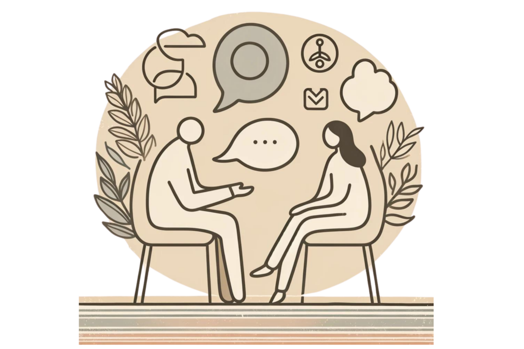 A simple, line-drawn illustration with a little bit of colour showing a person talking to a therapist, with symbols of support and therapy around them. The background includes comforting, neutral colours. This image conveys the concept of learning how to avoid anxiety through professional help.