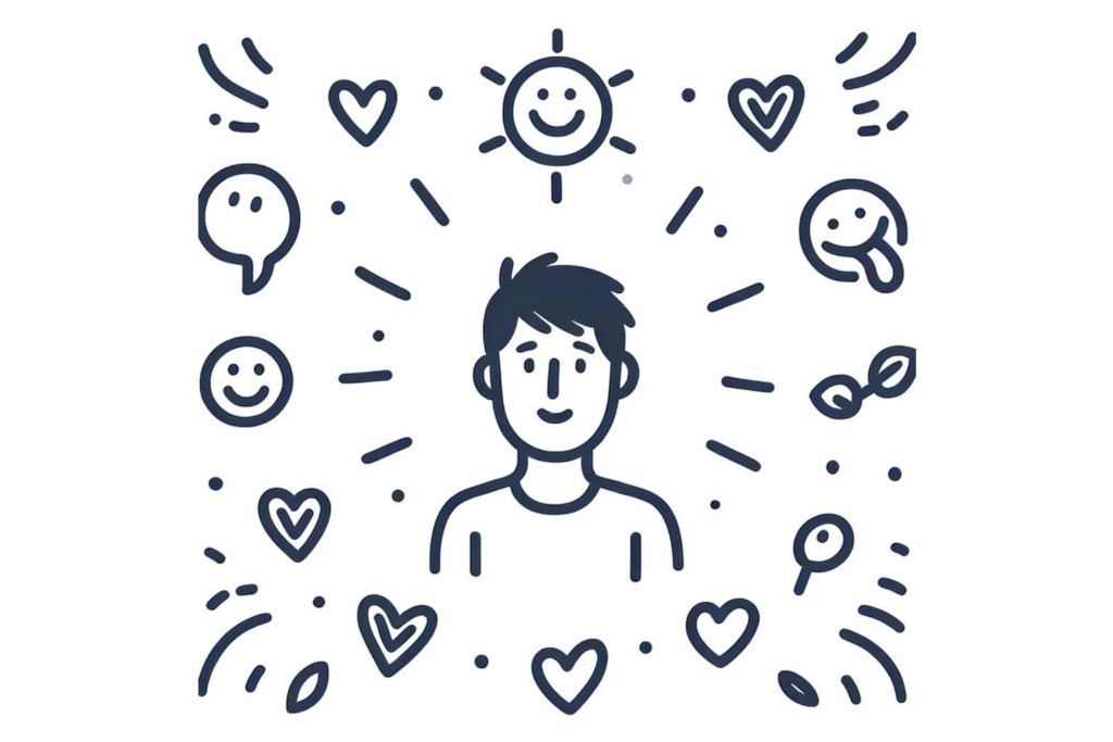 Line-drawn illustration of a person with a positive expression surrounded by symbols of positivity like a sun, smiley faces, and hearts, emphasising the importance of a positive mindset to manage stress and build resilience.