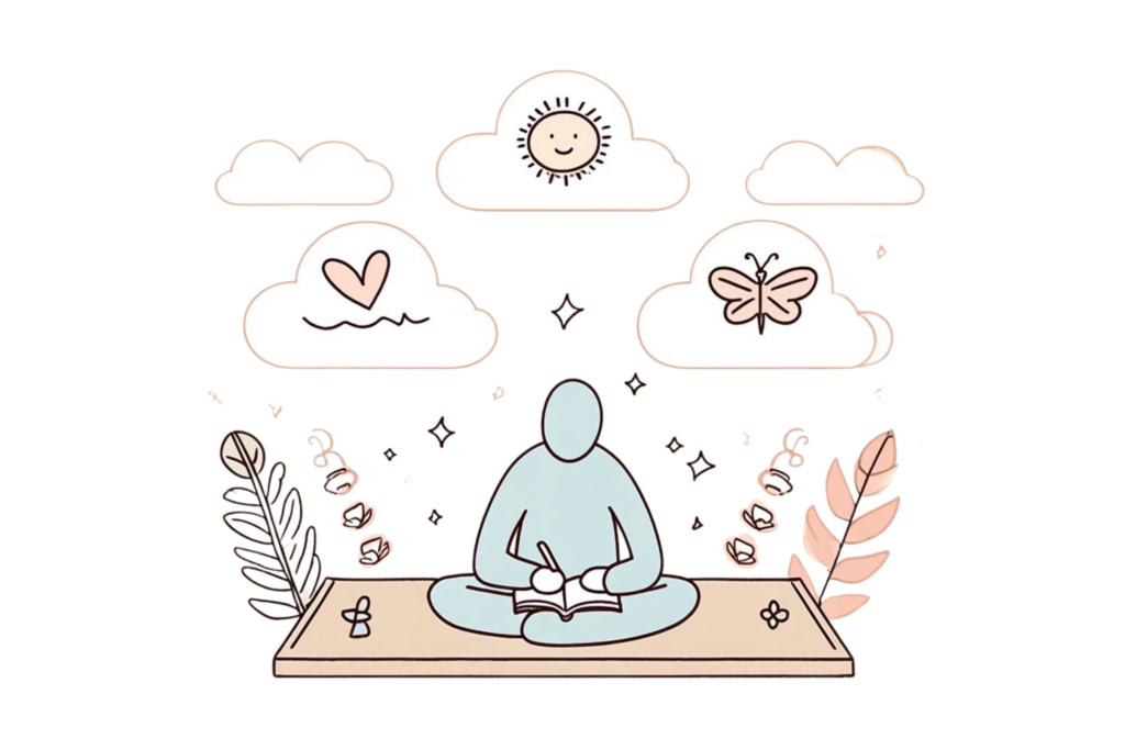 A line-drawn illustration with a little bit of colour showing a person journaling, using CBT techniques, and repeating positive affirmations. The background includes soft, calming colours. This image illustrates how to avoid anxiety through cognitive strategies like journaling, CBT, and positive affirmations.