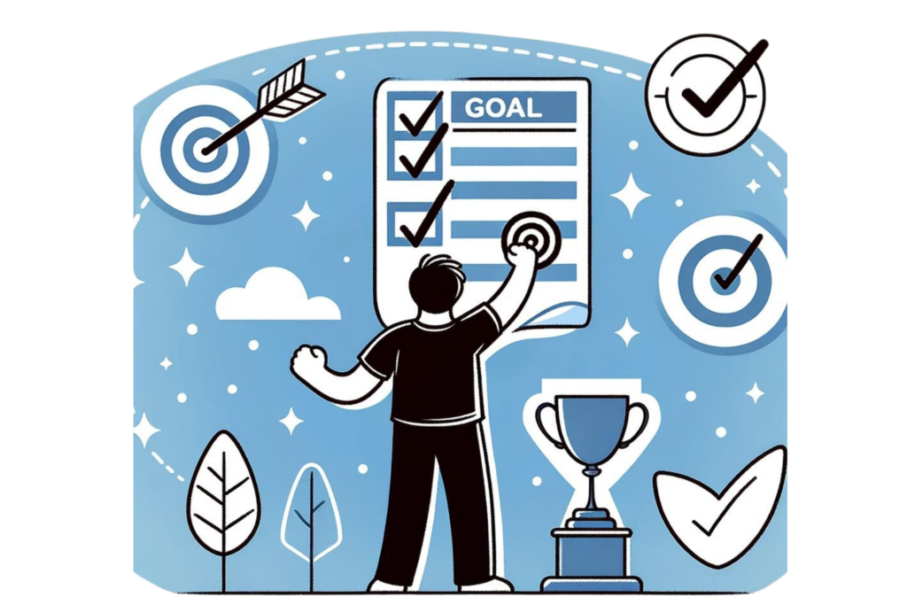 Line-drawn illustration of a person setting goals with a checklist, achieving milestones, and celebrating successes with icons of a target, trophy, and checkmarks to manage stress and build resilience.