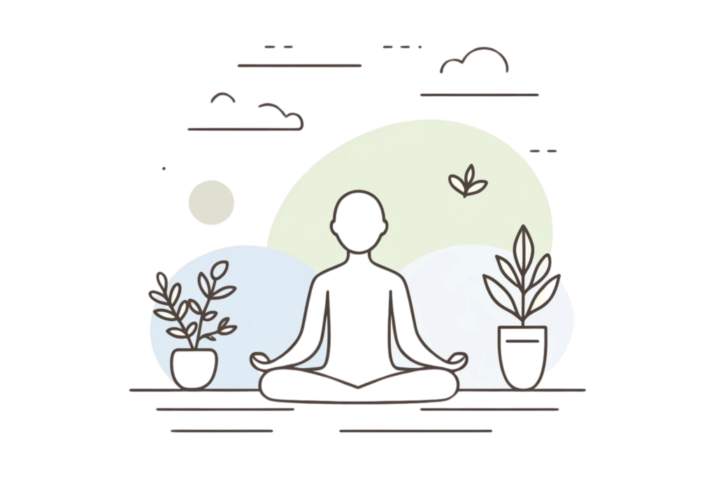 A simple, line-drawn illustration with a little bit of colour showing a person meditating, practicing deep breathing, and doing progressive muscle relaxation exercises. The background has soothing, pastel colours. This image illustrates how to avoid anxiety through mindfulness and relaxation techniques.