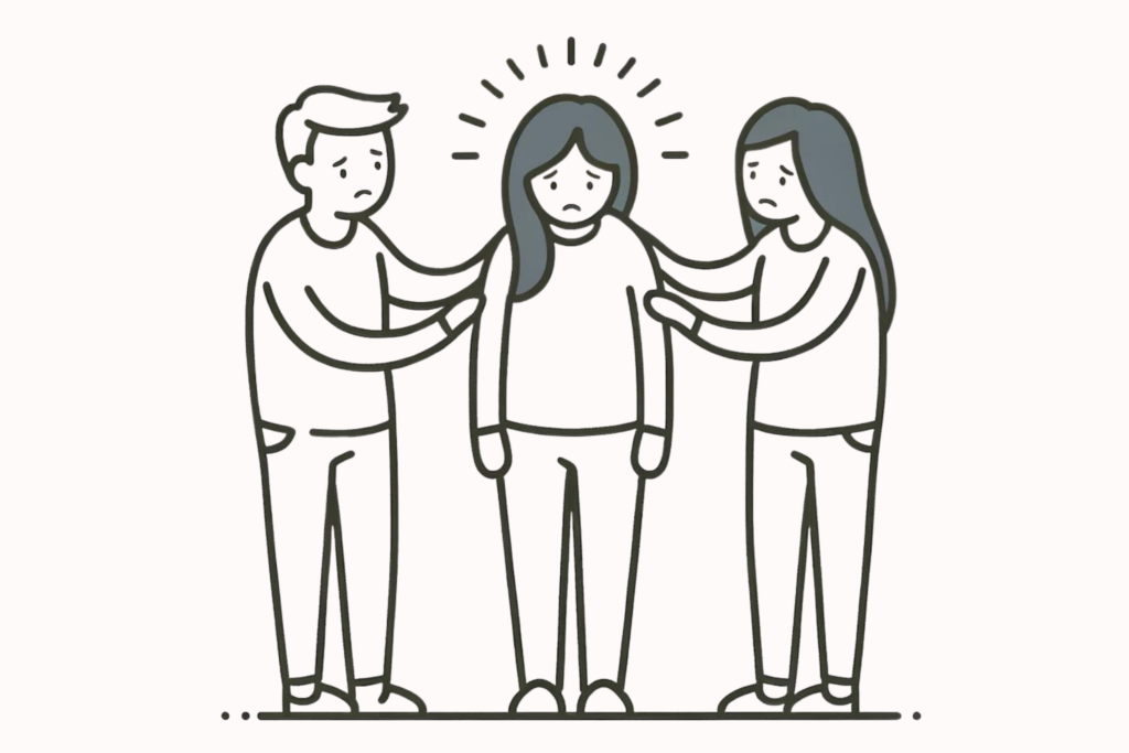Illustration of a group of people supporting each other, with one person in the center looking sad but receiving support, illustrating how to help someone with depression