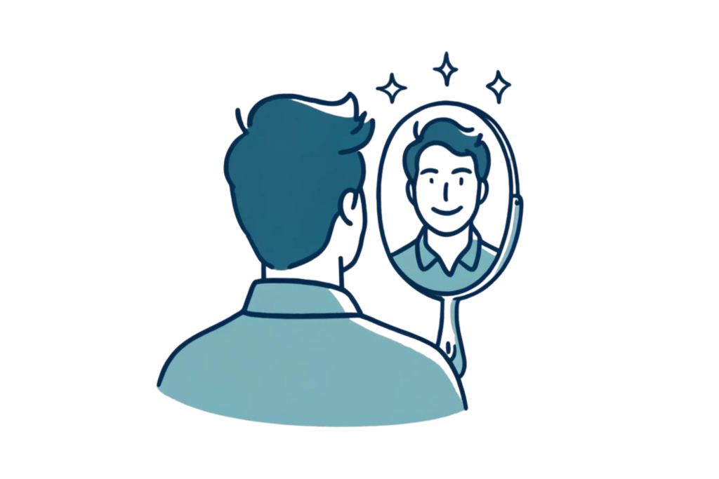 A simple, line-drawn illustration with a little bit of colour showing a person looking into a mirror reflecting a confident version of themselves, symbolising self-reflection and the shift needed to change your money mindset.