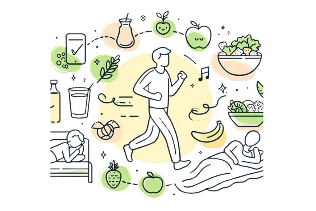 A simple, line-drawn illustration with a little bit of colour showing a person engaging in various healthy activities such as jogging, eating fruits and vegetables, and sleeping. The background includes light, cheerful colours. This image shows how to avoid anxiety through lifestyle changes like regular exercise, a healthy diet, and adequate sleep.