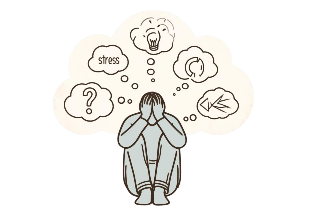 A simple, line-drawn illustration with a little bit of colour showing a person sitting with their head in their hands, surrounded by thought bubbles depicting stress, work pressure, and personal issues. The background has subtle, subdued colours. This image represents how to avoid anxiety by identifying common triggers like stress, work pressure, and personal issues.