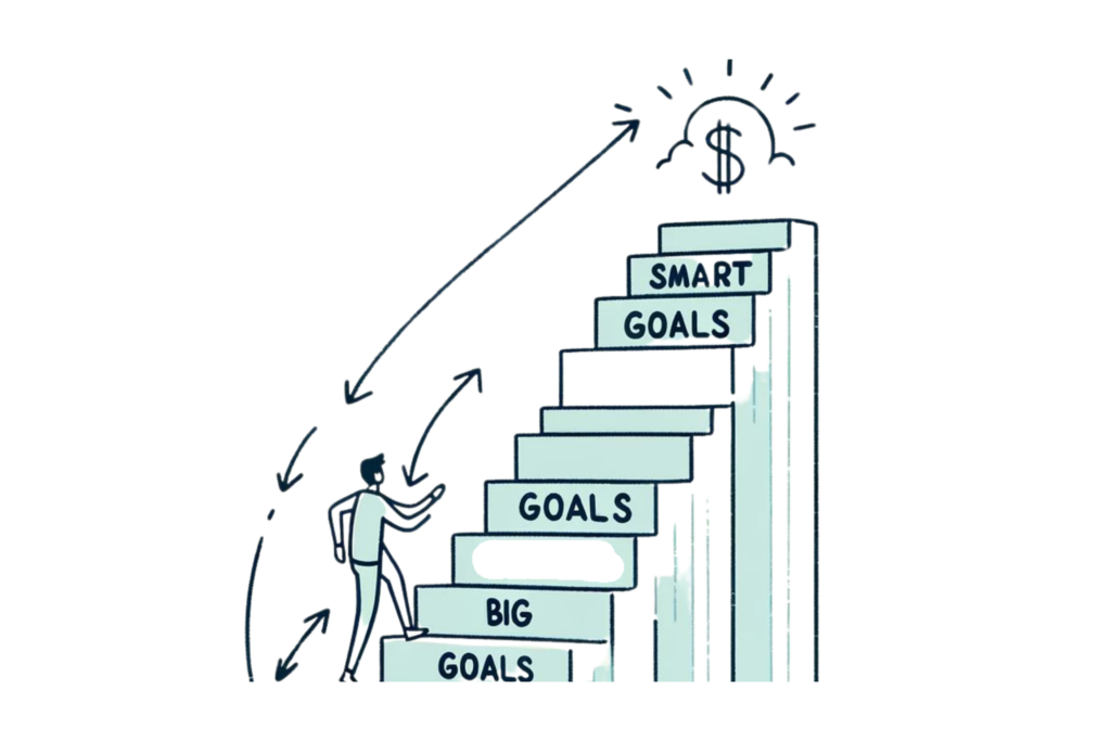 A simple, line-drawn illustration with a little bit of colour showing a person climbing a staircase with steps, breaking down goals. This illustrates the process of setting clear financial goals to change your money mindset.