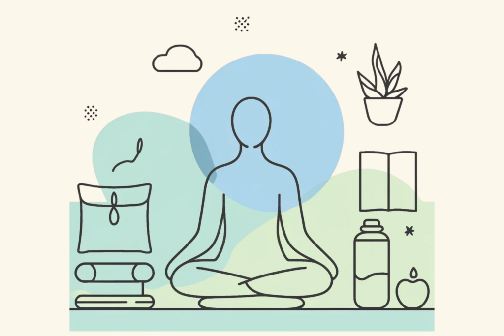 A simple, line-drawn illustration with a little bit of colour showing a person in a relaxed state surrounded by calming elements such as a yoga mat, a water bottle, and a book, with a background of light blue and green hues. This image highlights how to avoid anxiety by incorporating calming activities into daily life.