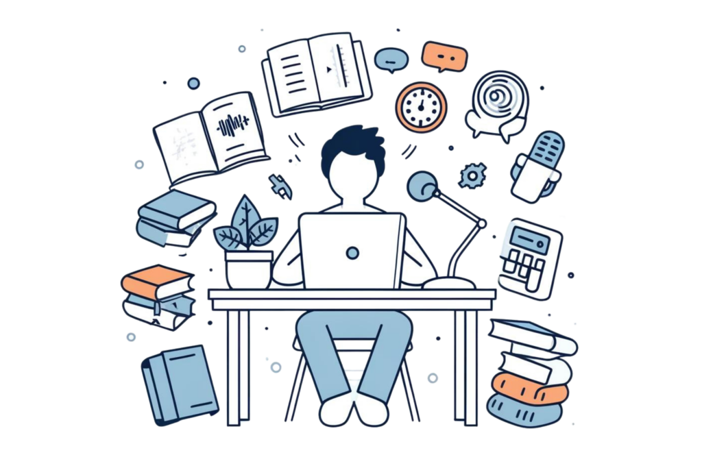 A simple, line-drawn illustration with a little bit of colour showing a person at a desk surrounded by books, a laptop, and a podcast playing, symbolising the importance of educating yourself to change your money mindset